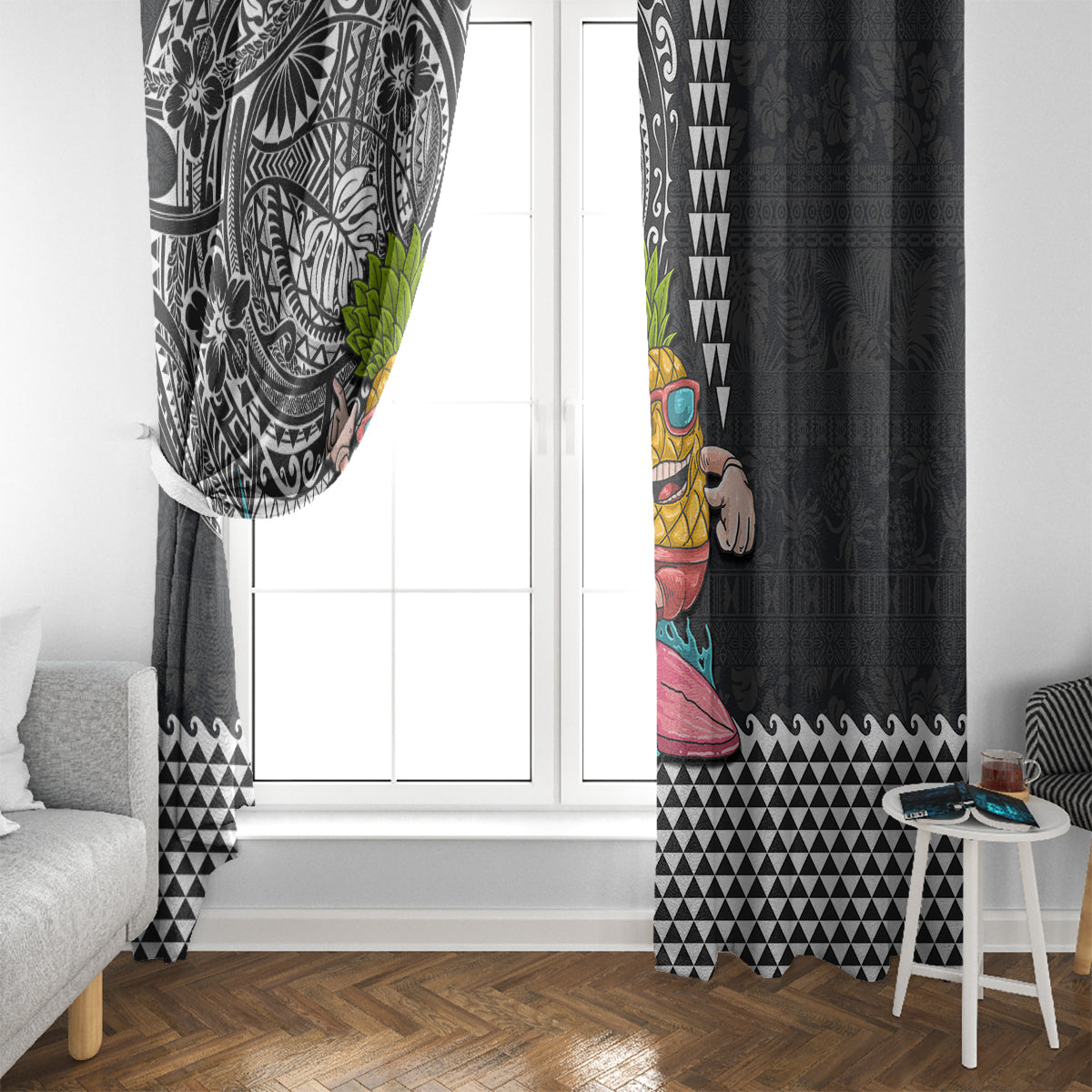 Hawaii Pineapple Surfing With Kakau Tribal Window Curtain LT03 - Polynesian Pride