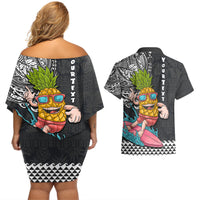 Hawaii Pineapple Surfing Kakau Tribal Personalised Couples Matching Off Shoulder Short Dress and Hawaiian Shirt LT03 - Polynesian Pride