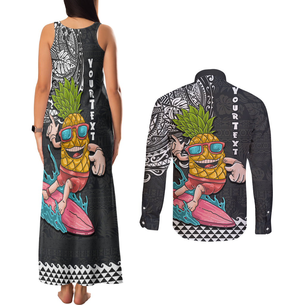 Hawaii Pineapple Surfing Kakau Tribal Personalised Couples Matching Tank Maxi Dress and Long Sleeve Button Shirt LT03 - Polynesian Pride