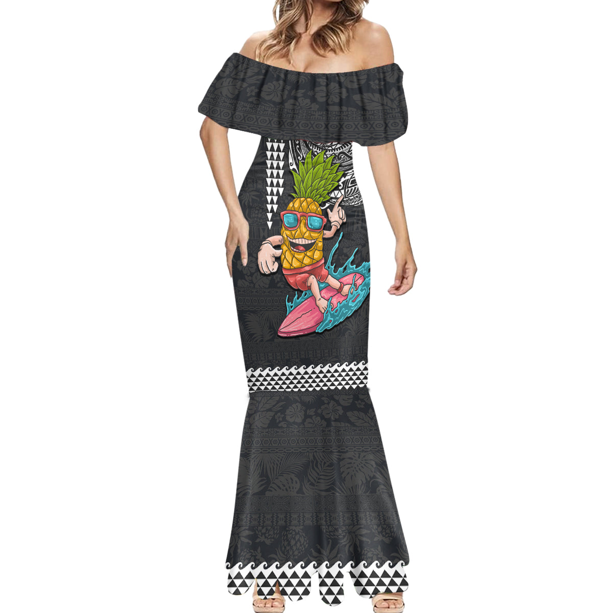 Hawaii Pineapple Surfing Kakau Tribal Personalised Mermaid Dress LT03 - Polynesian Pride