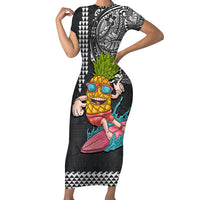 Hawaii Pineapple Surfing Kakau Tribal Personalised Short Sleeve Bodycon Dress LT03 Long Dress Brown - Polynesian Pride