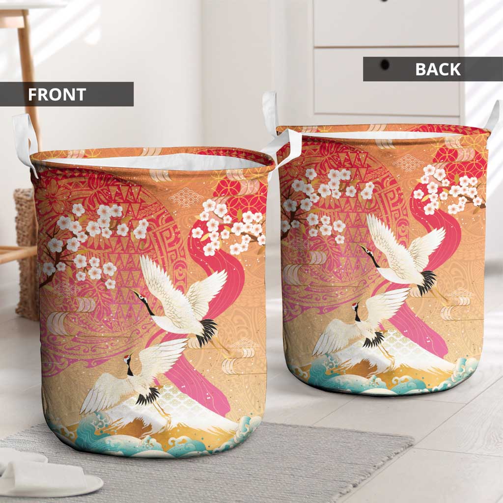 Hawaiian and Japanese Culture Together Laundry Basket Kakau Art Tattoo with Cranes and Sakura Spring Vibe - Polynesian Pride