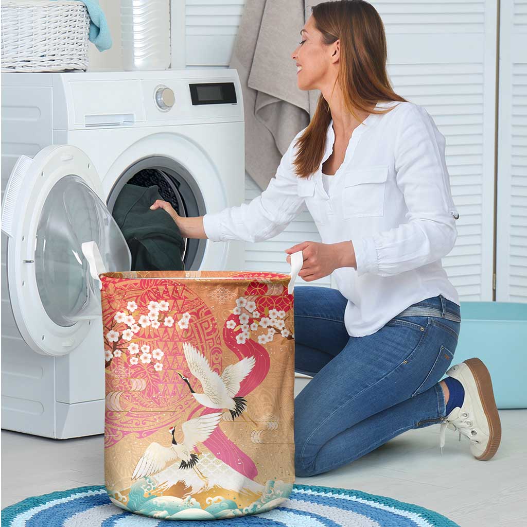 Hawaiian and Japanese Culture Together Laundry Basket Kakau Art Tattoo with Cranes and Sakura Spring Vibe - Polynesian Pride