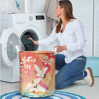 Hawaiian and Japanese Culture Together Laundry Basket Kakau Art Tattoo with Cranes and Sakura Spring Vibe - Polynesian Pride