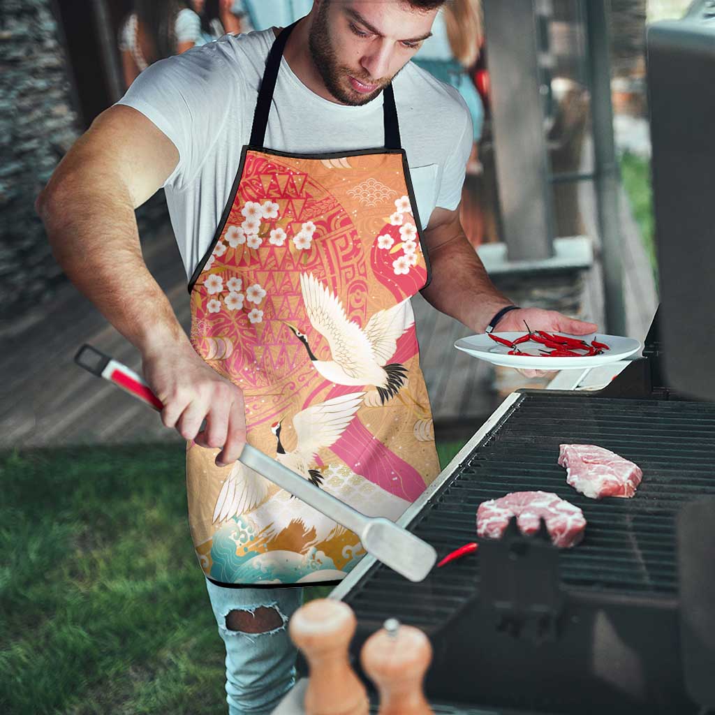Hawaiian and Japanese Culture Together Apron Kakau Art Tattoo with Cranes and Sakura Spring Vibe - Polynesian Pride