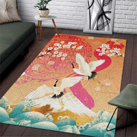 Hawaiian and Japanese Culture Together Area Rug Kakau Art Tattoo with Cranes and Sakura Spring Vibe - Polynesian Pride