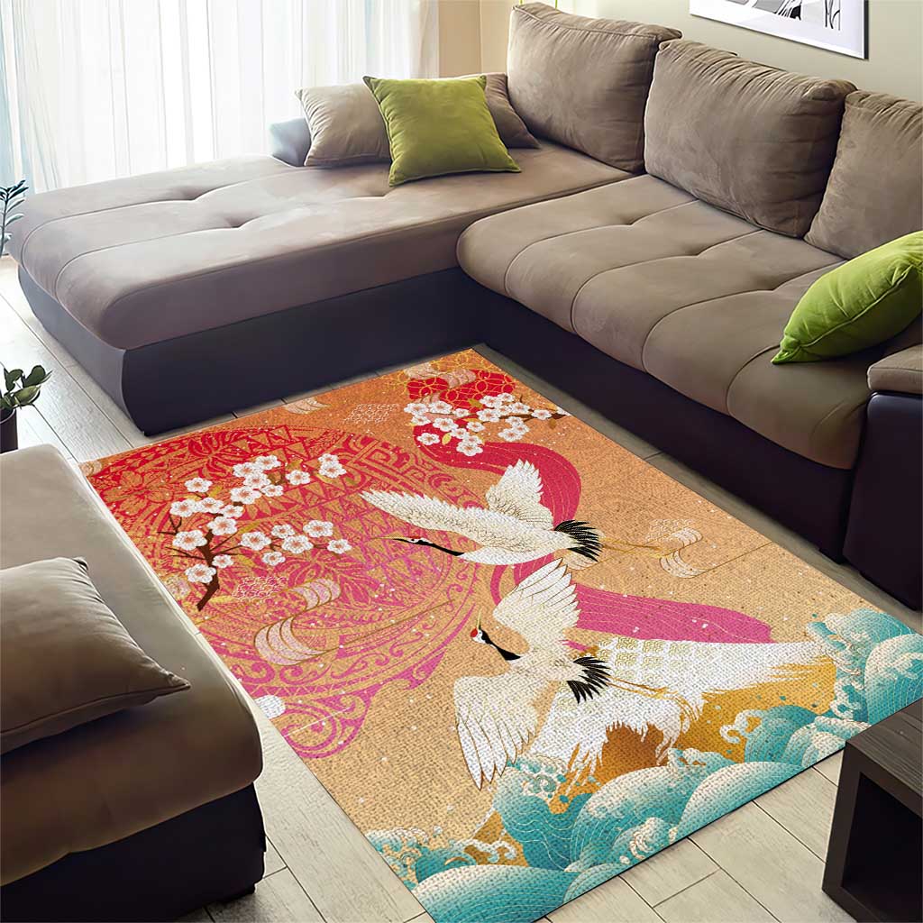 Hawaiian and Japanese Culture Together Area Rug Kakau Art Tattoo with Cranes and Sakura Spring Vibe - Polynesian Pride