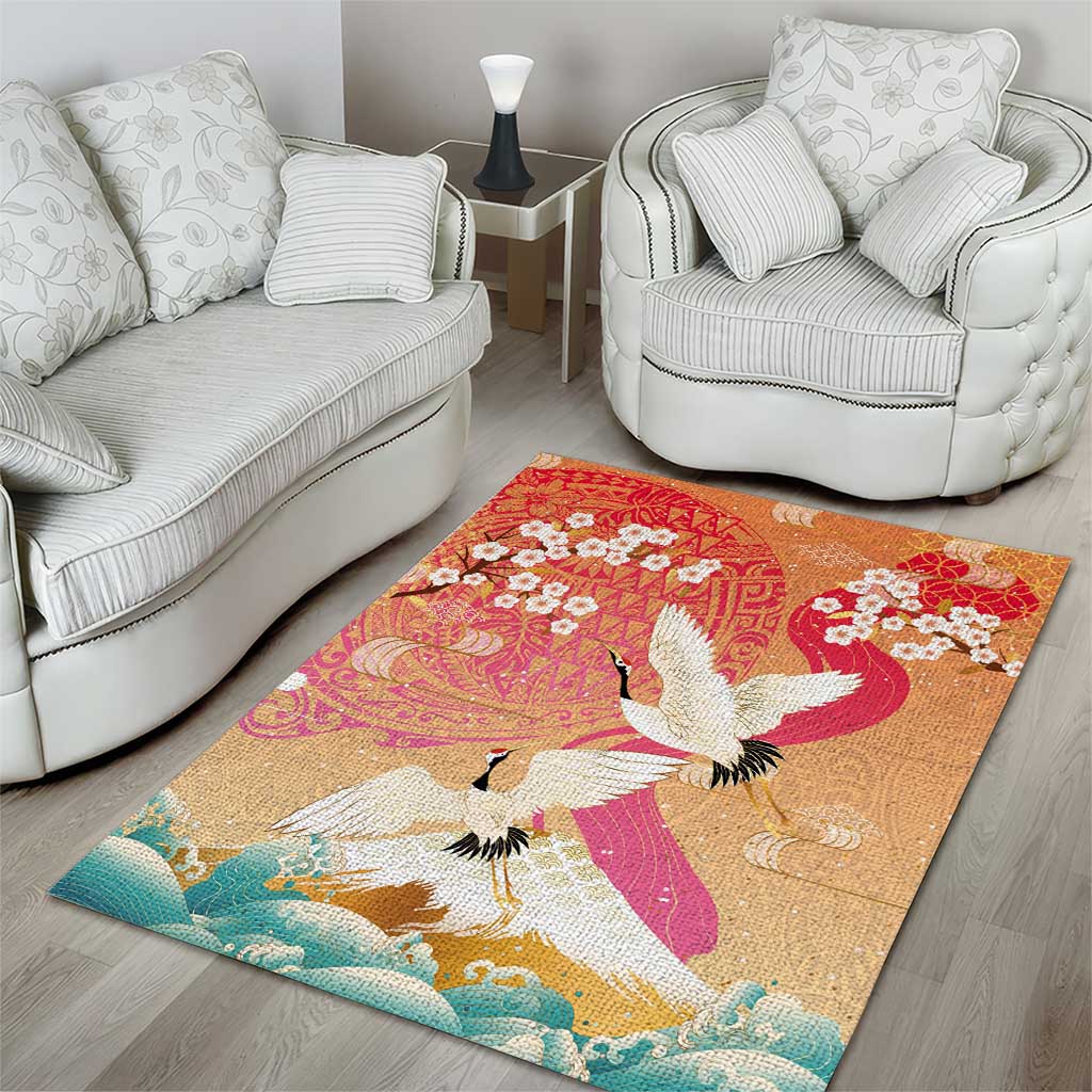 Hawaiian and Japanese Culture Together Area Rug Kakau Art Tattoo with Cranes and Sakura Spring Vibe - Polynesian Pride