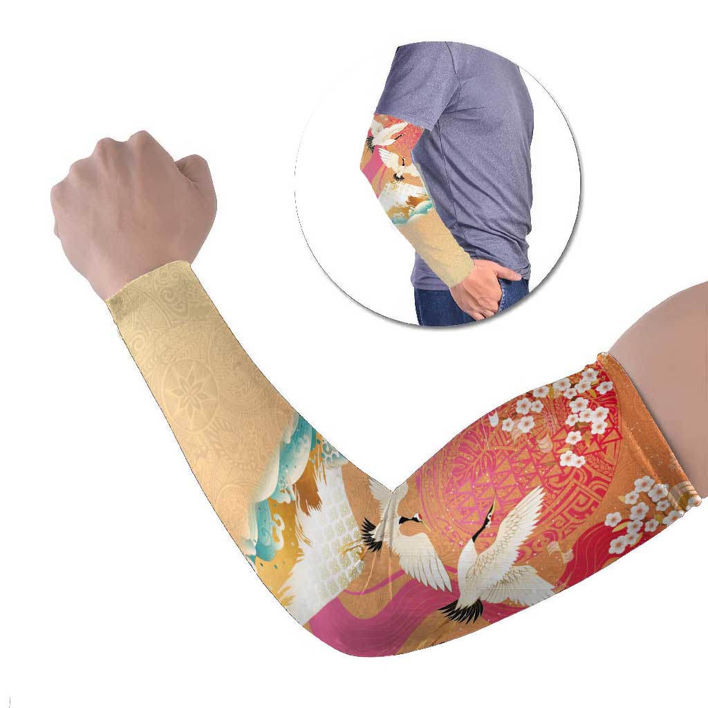 Hawaiian and Japanese Culture Together Arm Sleeves Kakau Art Tattoo with Cranes and Sakura Spring Vibe - Polynesian Pride