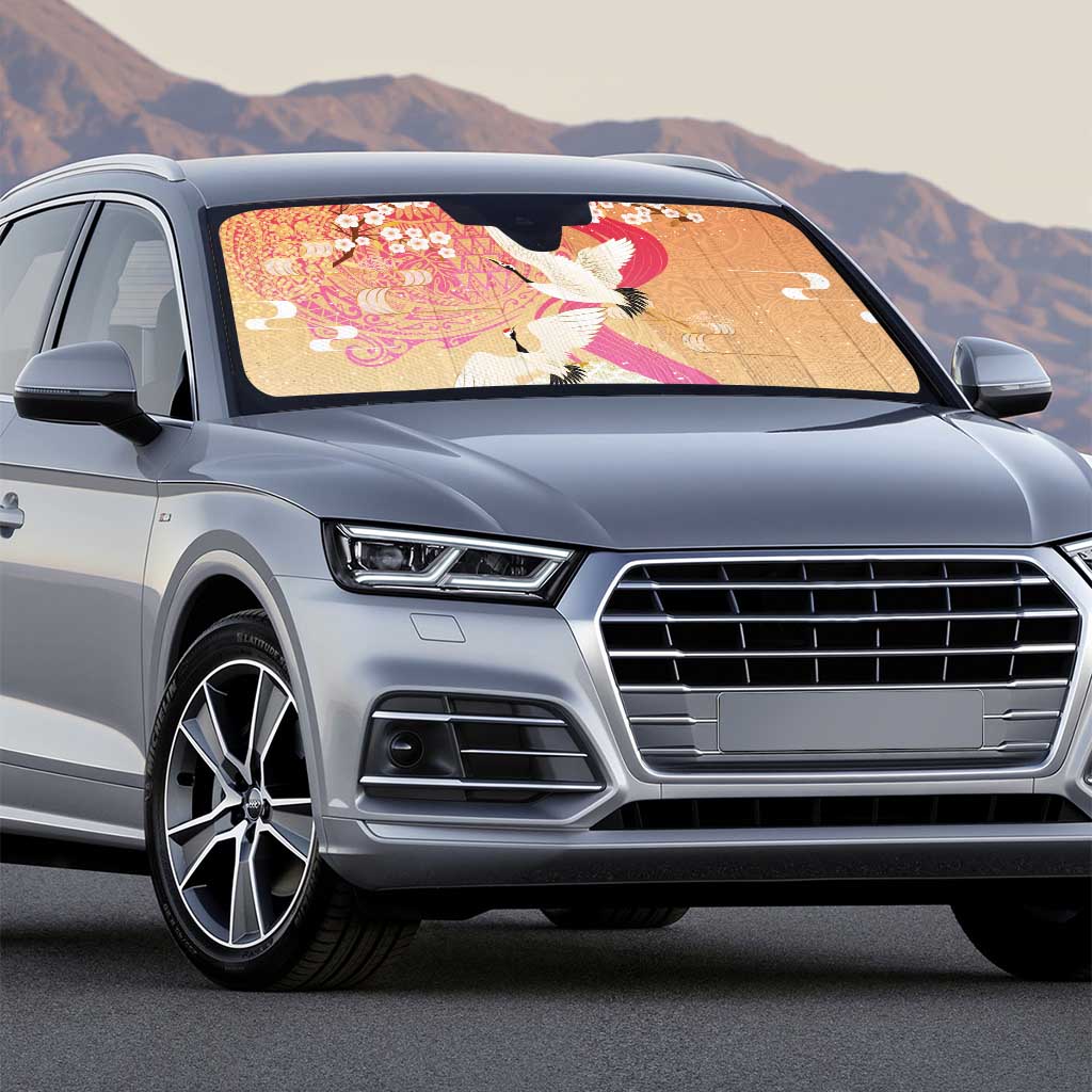 Hawaiian and Japanese Culture Together Auto Sun Shade Kakau Art Tattoo with Cranes and Sakura Spring Vibe - Polynesian Pride