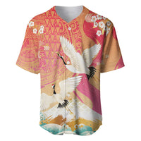 Hawaiian and Japanese Culture Together Baseball Jersey Kakau Art Tattoo with Cranes and Sakura Spring Vibe - Polynesian Pride