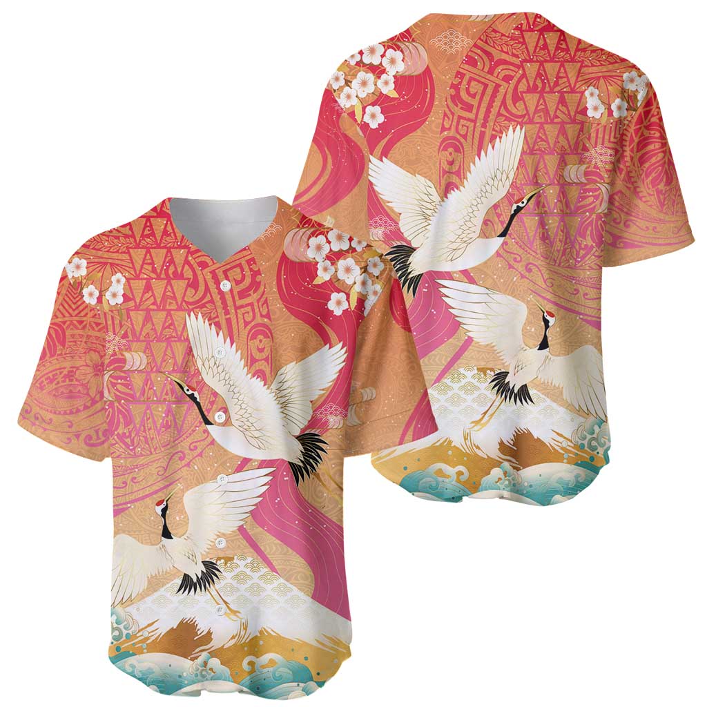 Hawaiian and Japanese Culture Together Baseball Jersey Kakau Art Tattoo with Cranes and Sakura Spring Vibe - Polynesian Pride