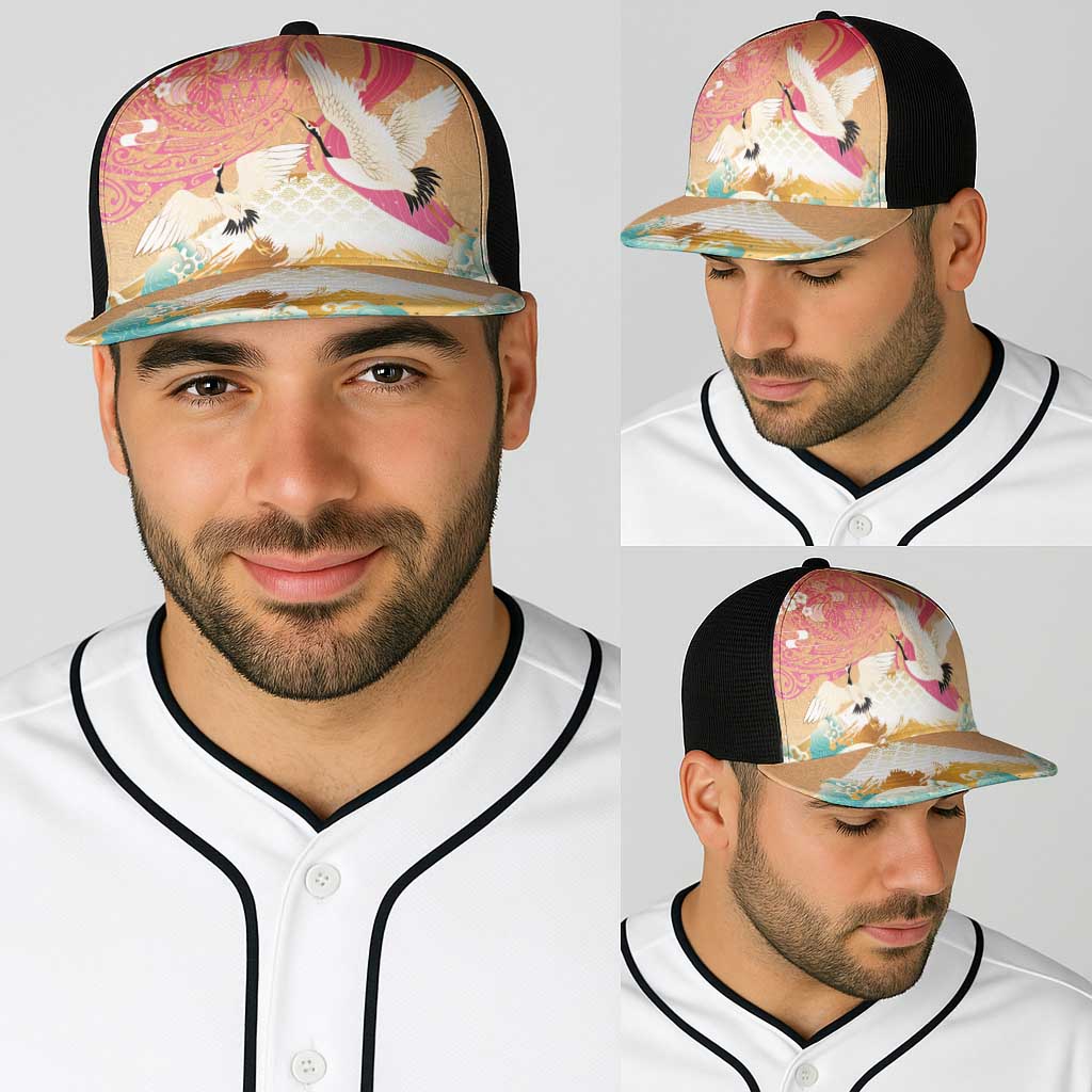 Hawaiian and Japanese Culture Together Baseball Net Cap Kakau Art Tattoo with Cranes and Sakura Spring Vibe - Polynesian Pride