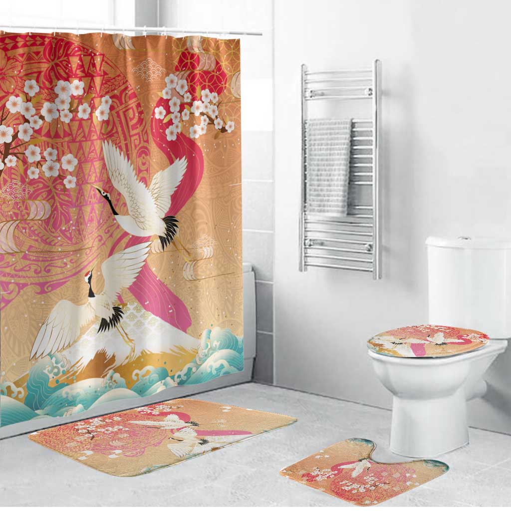 Hawaiian and Japanese Culture Together Bathroom Set Kakau Art Tattoo with Cranes and Sakura Spring Vibe - Polynesian Pride