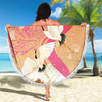 Hawaiian and Japanese Culture Together Beach Blanket Kakau Art Tattoo with Cranes and Sakura Spring Vibe - Polynesian Pride