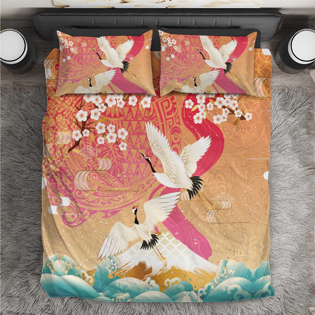 Hawaiian and Japanese Culture Together Bedding Set Kakau Art Tattoo with Cranes and Sakura Spring Vibe - Polynesian Pride