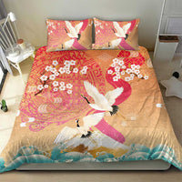 Hawaiian and Japanese Culture Together Bedding Set Kakau Art Tattoo with Cranes and Sakura Spring Vibe - Polynesian Pride