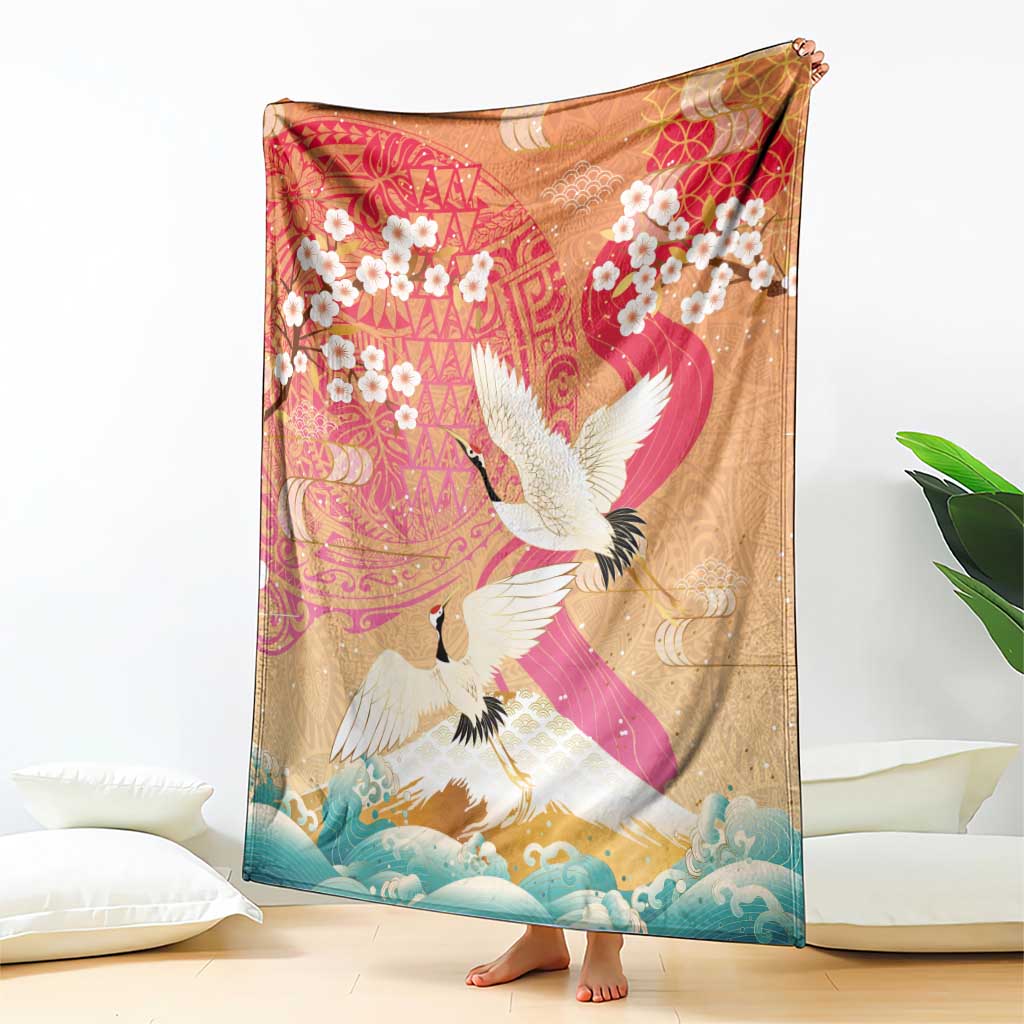 Hawaiian and Japanese Culture Together Blanket Kakau Art Tattoo with Cranes and Sakura Spring Vibe - Polynesian Pride