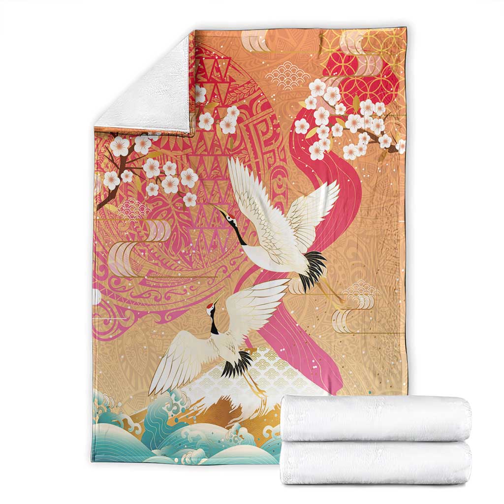 Hawaiian and Japanese Culture Together Blanket Kakau Art Tattoo with Cranes and Sakura Spring Vibe - Polynesian Pride