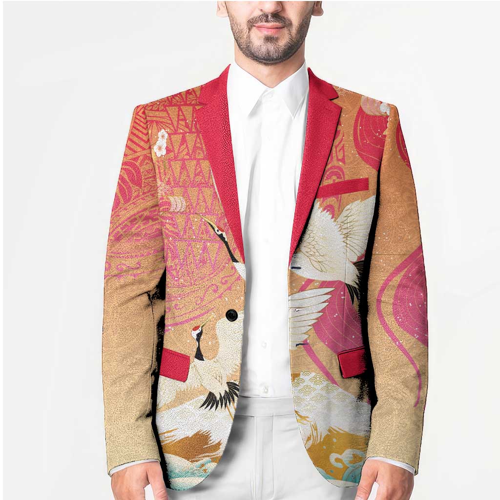 Hawaiian and Japanese Culture Together Blazer Kakau Art Tattoo with Cranes and Sakura Spring Vibe - Polynesian Pride