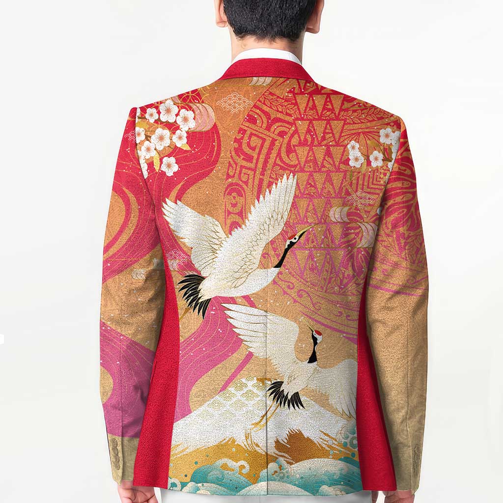 Hawaiian and Japanese Culture Together Blazer Kakau Art Tattoo with Cranes and Sakura Spring Vibe - Polynesian Pride