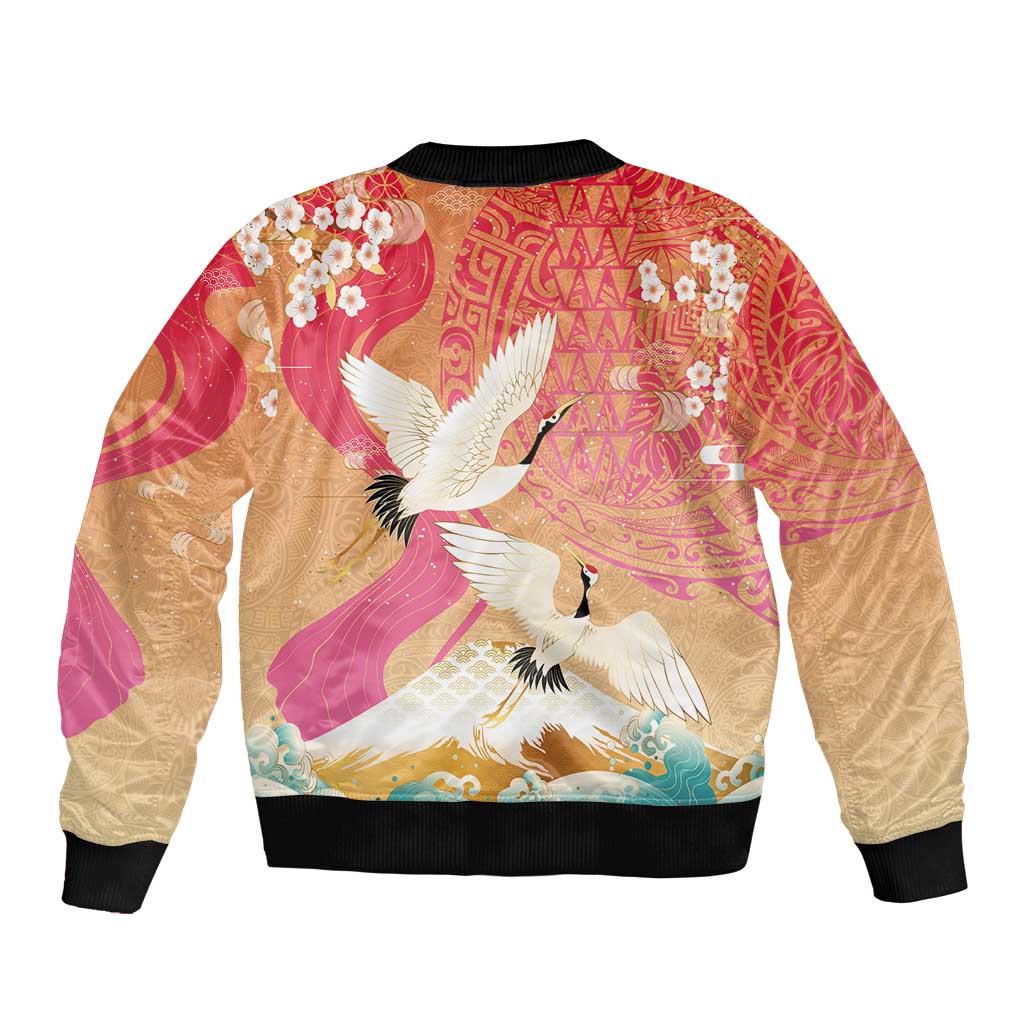 Hawaiian and Japanese Culture Together Bomber Jacket Kakau Art Tattoo with Cranes and Sakura Spring Vibe - Polynesian Pride
