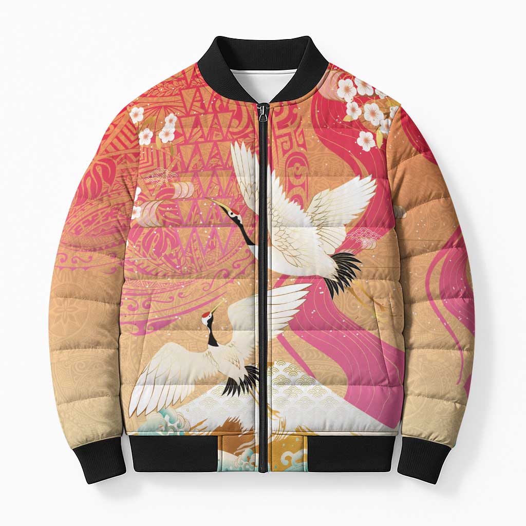 Hawaiian and Japanese Culture Together Bomber Puffer Jacket Kakau Art Tattoo with Cranes and Sakura Spring Vibe - Polynesian Pride