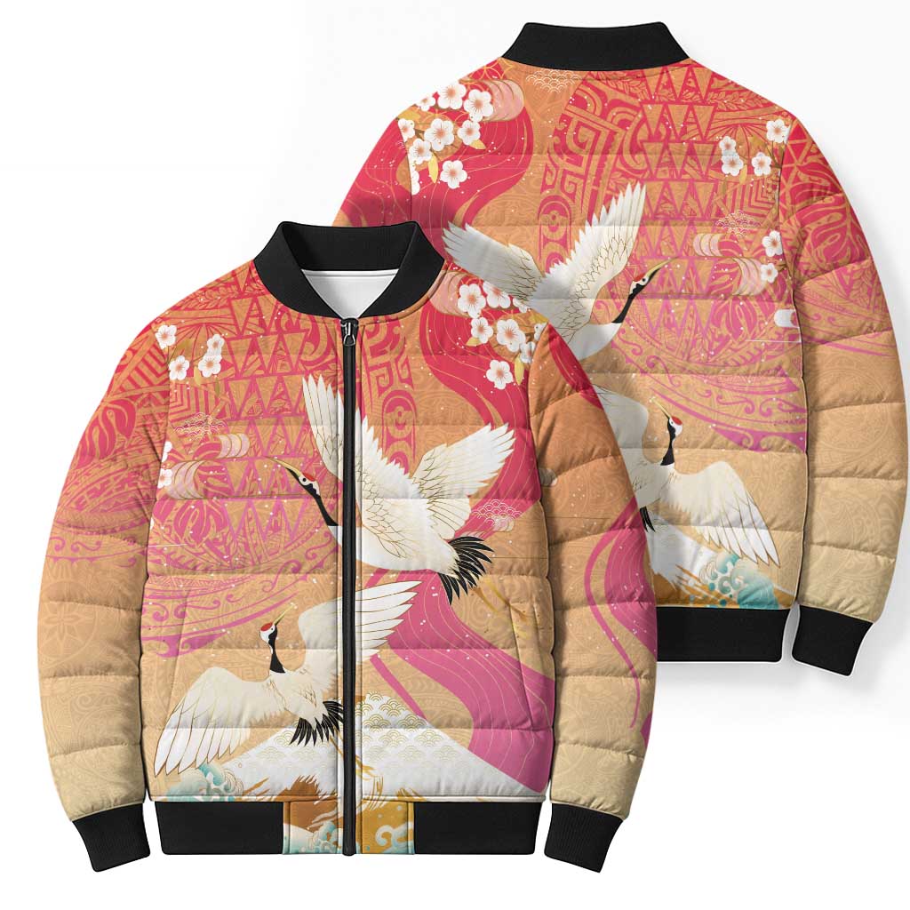 Hawaiian and Japanese Culture Together Bomber Puffer Jacket Kakau Art Tattoo with Cranes and Sakura Spring Vibe - Polynesian Pride