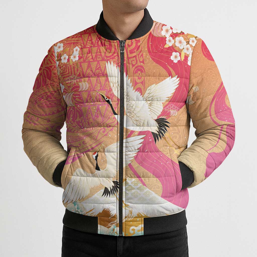 Hawaiian and Japanese Culture Together Bomber Puffer Jacket Kakau Art Tattoo with Cranes and Sakura Spring Vibe - Polynesian Pride