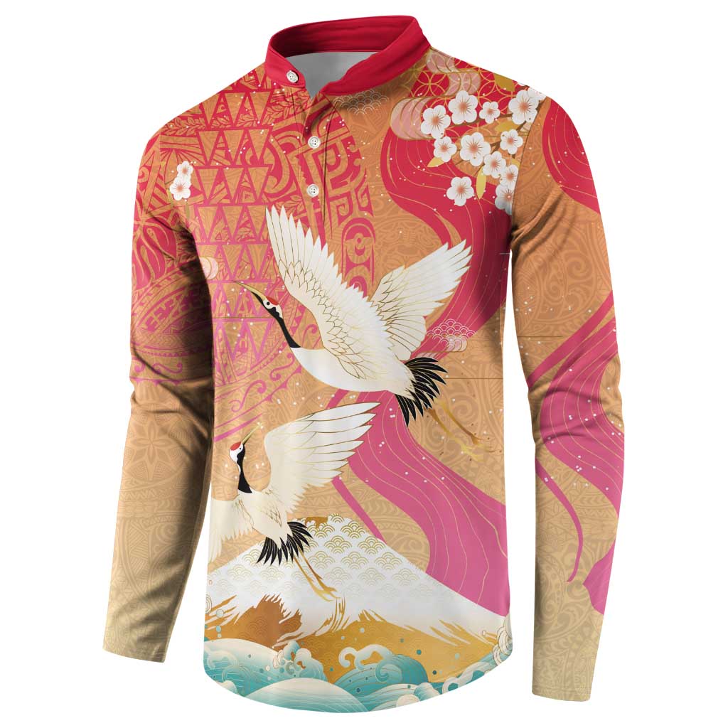 Hawaiian and Japanese Culture Together Button Sweatshirt Kakau Art Tattoo with Cranes and Sakura Spring Vibe - Polynesian Pride