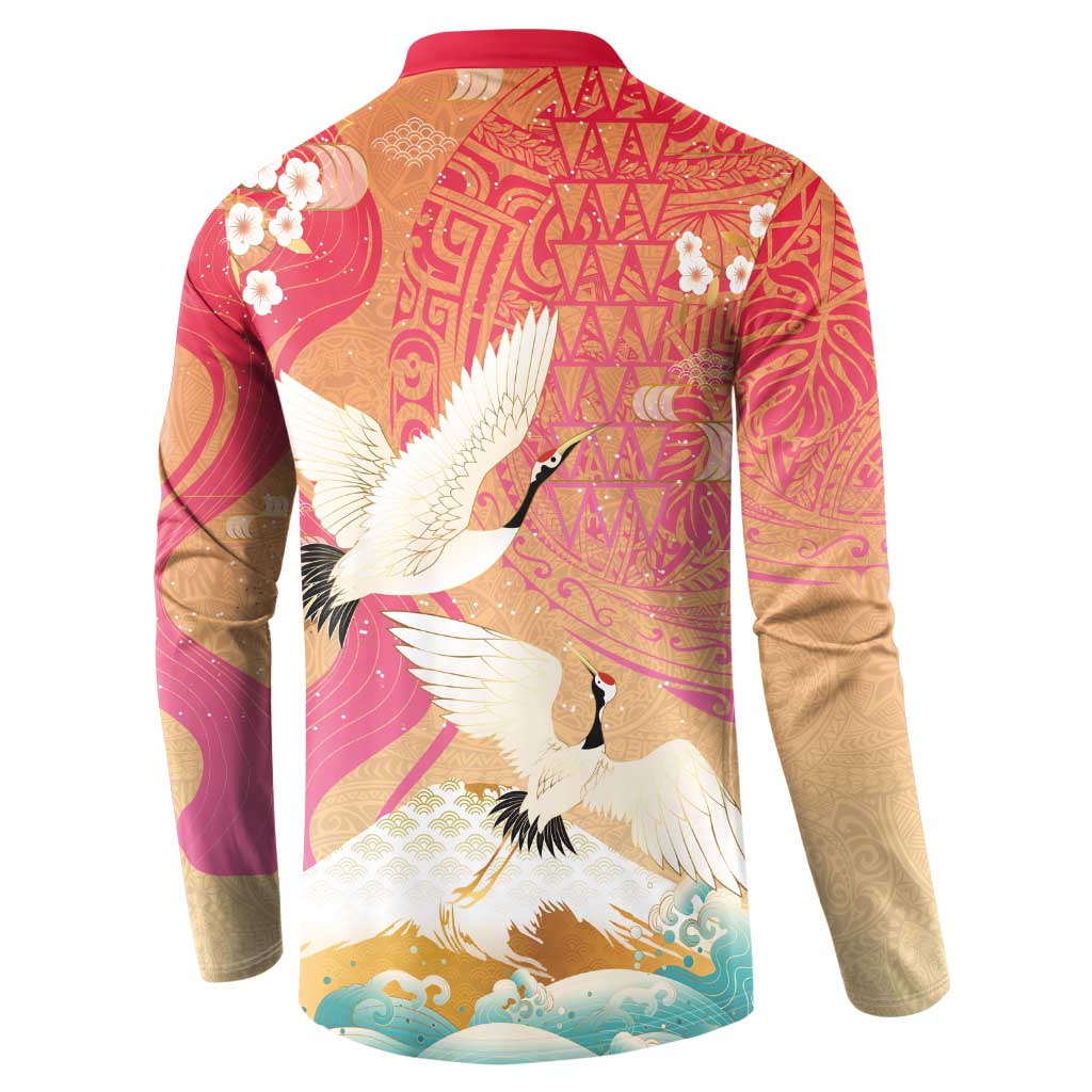 Hawaiian and Japanese Culture Together Button Sweatshirt Kakau Art Tattoo with Cranes and Sakura Spring Vibe - Polynesian Pride