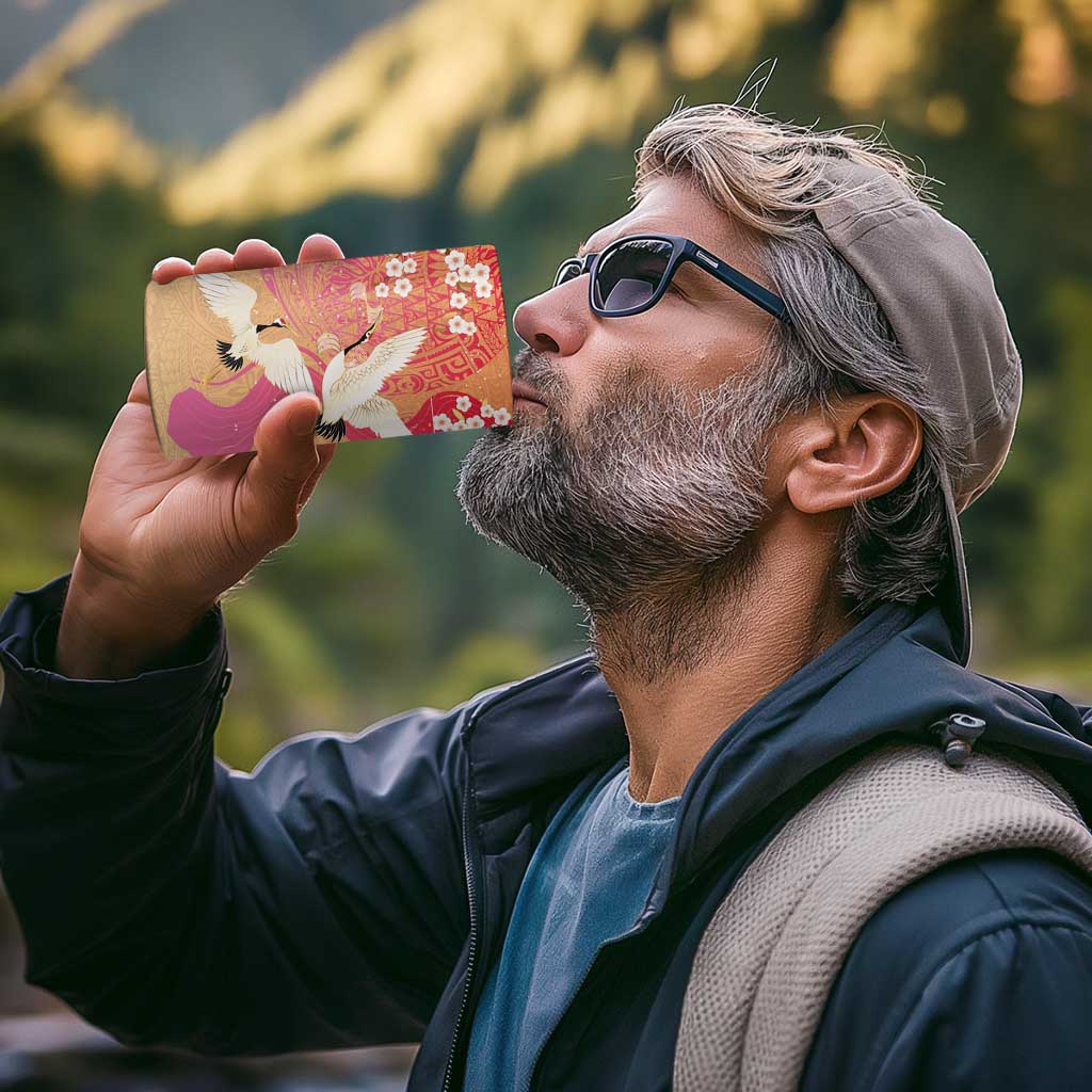 Hawaiian and Japanese Culture Together 4 in 1 Can Cooler Tumbler Kakau Art Tattoo with Cranes and Sakura Spring Vibe - Polynesian Pride