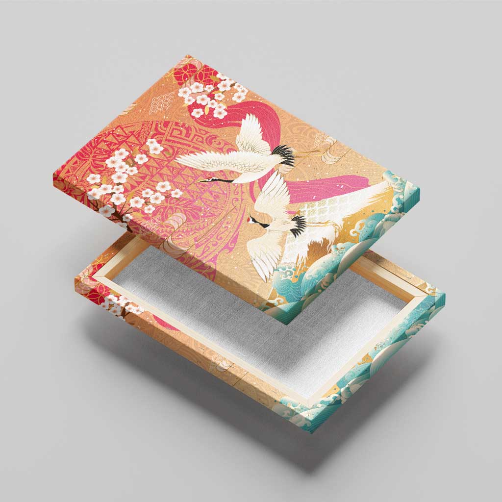 Hawaiian and Japanese Culture Together Canvas Wall Art Kakau Art Tattoo with Cranes and Sakura Spring Vibe - Polynesian Pride