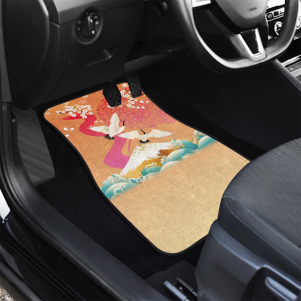 Hawaiian and Japanese Culture Together Car Mats Kakau Art Tattoo with Cranes and Sakura Spring Vibe - Polynesian Pride