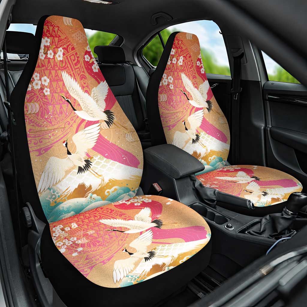 Hawaiian and Japanese Culture Together Car Seat Cover Kakau Art Tattoo with Cranes and Sakura Spring Vibe - Polynesian Pride
