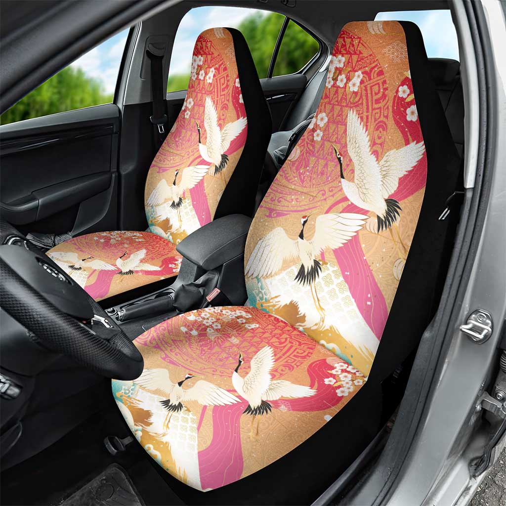 Hawaiian and Japanese Culture Together Car Seat Cover Kakau Art Tattoo with Cranes and Sakura Spring Vibe - Polynesian Pride