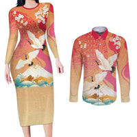 Hawaiian and Japanese Culture Together Couples Matching Long Sleeve Bodycon Dress and Long Sleeve Button Shirt Kakau Art Tattoo with Cranes and Sakura Spring Vibe - Polynesian Pride