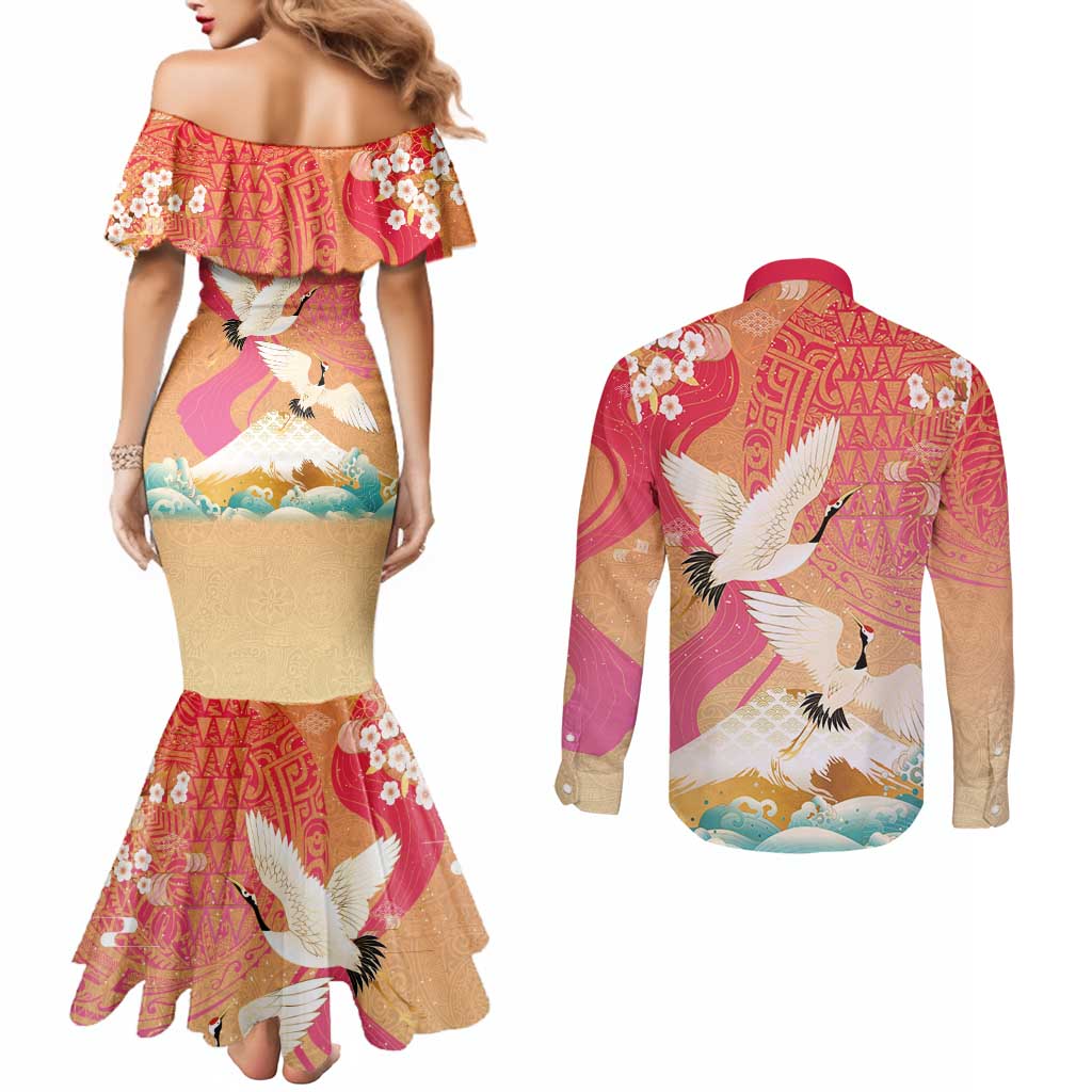 Hawaiian and Japanese Culture Together Couples Matching Mermaid Dress and Long Sleeve Button Shirt Kakau Art Tattoo with Cranes and Sakura Spring Vibe - Polynesian Pride