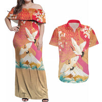 Hawaiian and Japanese Culture Together Couples Matching Off Shoulder Maxi Dress and Hawaiian Shirt Kakau Art Tattoo with Cranes and Sakura Spring Vibe - Polynesian Pride