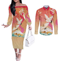 Hawaiian and Japanese Culture Together Couples Matching Off The Shoulder Long Sleeve Dress and Long Sleeve Button Shirt Kakau Art Tattoo with Cranes and Sakura Spring Vibe - Polynesian Pride
