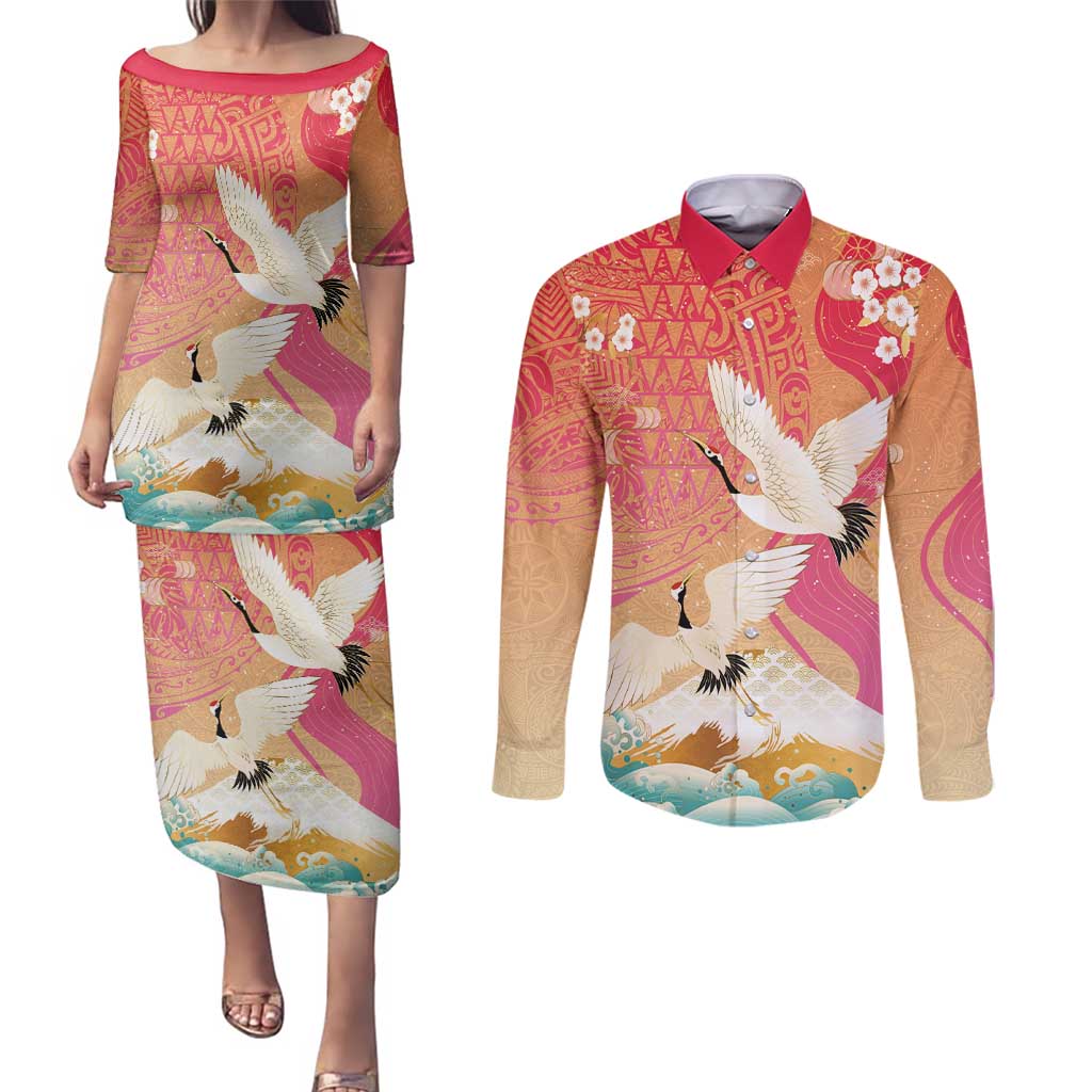 Hawaiian and Japanese Culture Together Couples Matching Puletasi and Long Sleeve Button Shirt Kakau Art Tattoo with Cranes and Sakura Spring Vibe - Polynesian Pride