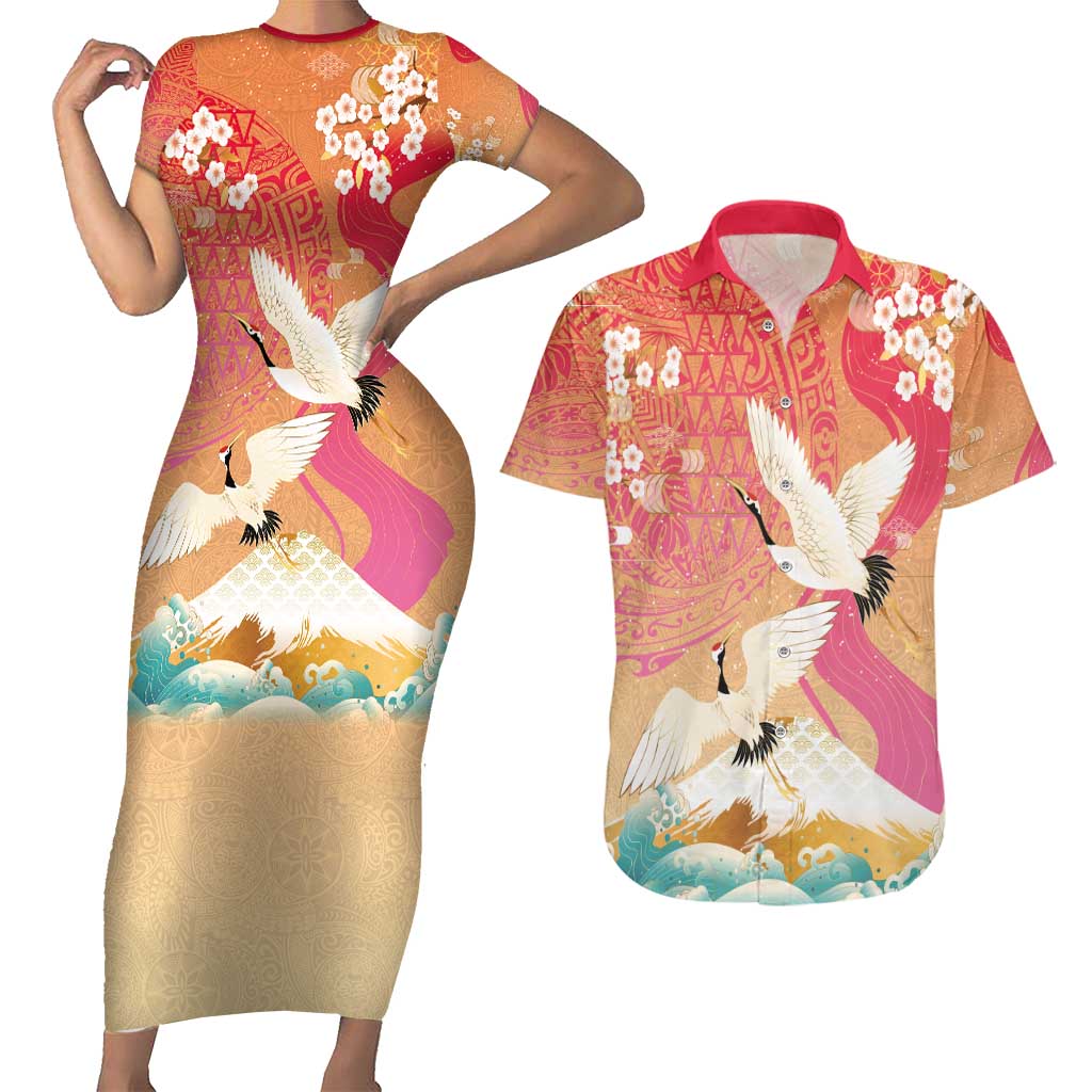 Hawaiian and Japanese Culture Together Couples Matching Short Sleeve Bodycon Dress and Hawaiian Shirt Kakau Art Tattoo with Cranes and Sakura Spring Vibe - Polynesian Pride