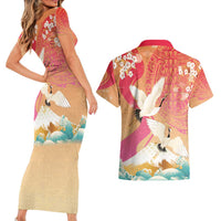 Hawaiian and Japanese Culture Together Couples Matching Short Sleeve Bodycon Dress and Hawaiian Shirt Kakau Art Tattoo with Cranes and Sakura Spring Vibe - Polynesian Pride