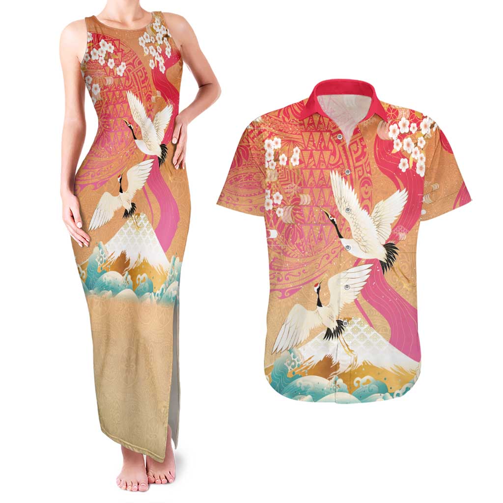 Hawaiian and Japanese Culture Together Couples Matching Tank Maxi Dress and Hawaiian Shirt Kakau Art Tattoo with Cranes and Sakura Spring Vibe - Polynesian Pride