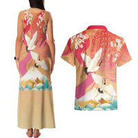 Hawaiian and Japanese Culture Together Couples Matching Tank Maxi Dress and Hawaiian Shirt Kakau Art Tattoo with Cranes and Sakura Spring Vibe - Polynesian Pride