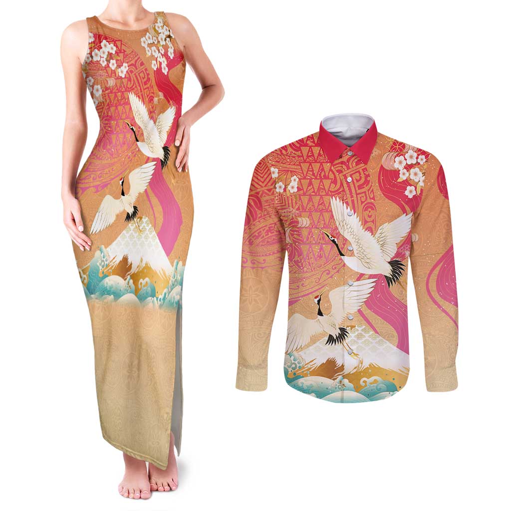 Hawaiian and Japanese Culture Together Couples Matching Tank Maxi Dress and Long Sleeve Button Shirt Kakau Art Tattoo with Cranes and Sakura Spring Vibe - Polynesian Pride