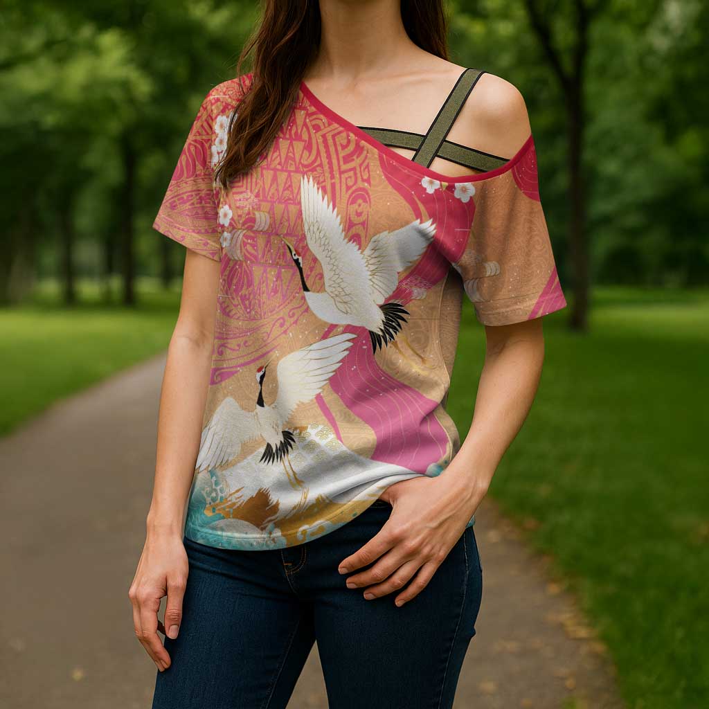 Hawaiian and Japanese Culture Together Cross Shoulder Shirt Kakau Art Tattoo with Cranes and Sakura Spring Vibe - Polynesian Pride