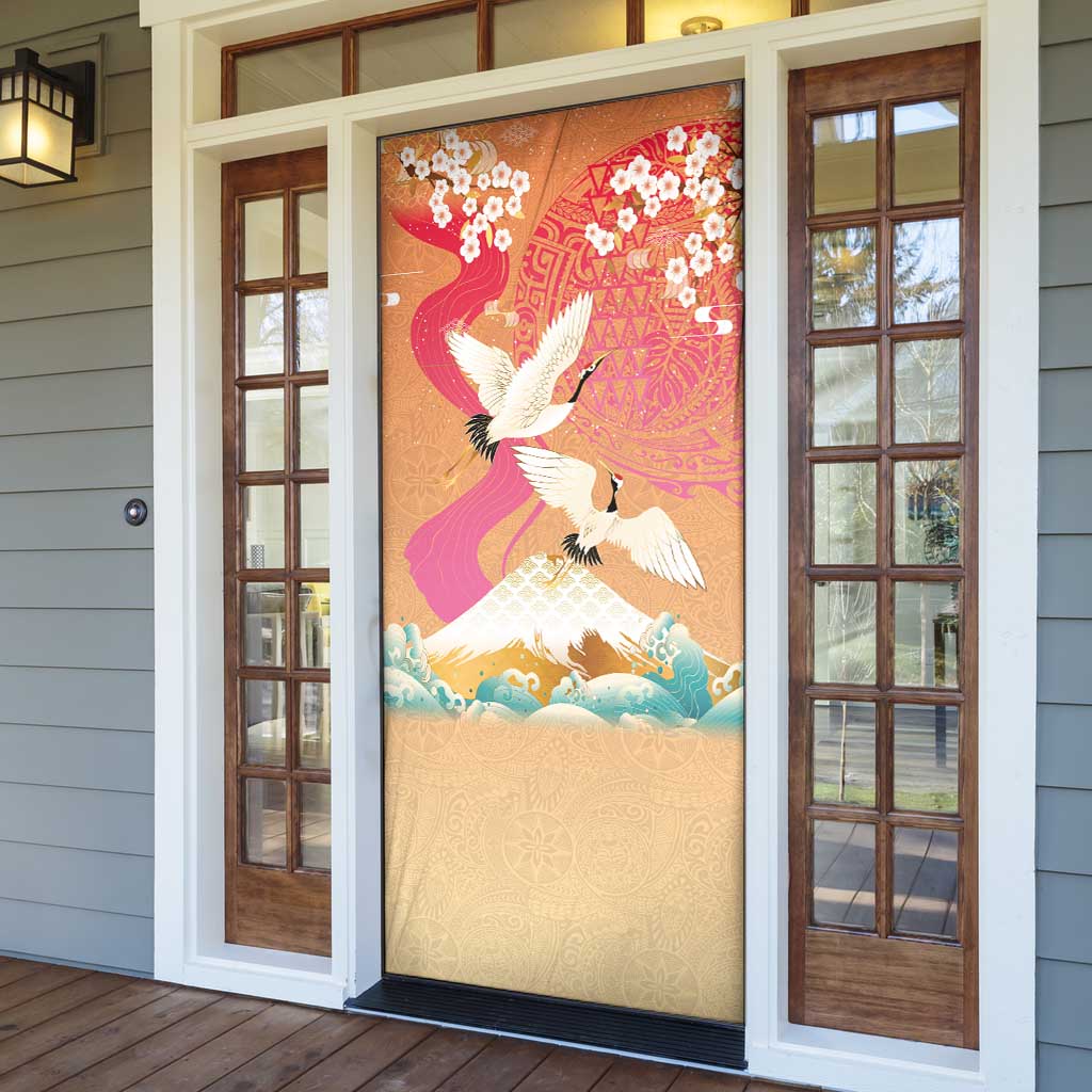 Hawaiian and Japanese Culture Together Door Cover Kakau Art Tattoo with Cranes and Sakura Spring Vibe - Polynesian Pride