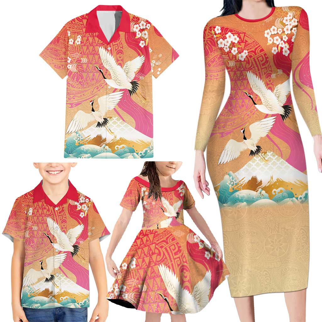 Hawaiian and Japanese Culture Together Family Matching Long Sleeve Bodycon Dress and Hawaiian Shirt Kakau Art Tattoo with Cranes and Sakura Spring Vibe - Polynesian Pride