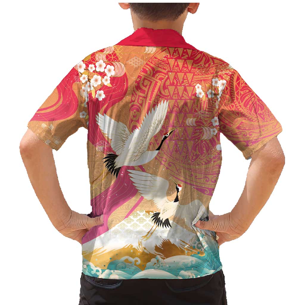 Hawaiian and Japanese Culture Together Family Matching Mermaid Dress and Hawaiian Shirt Kakau Art Tattoo with Cranes and Sakura Spring Vibe - Polynesian Pride